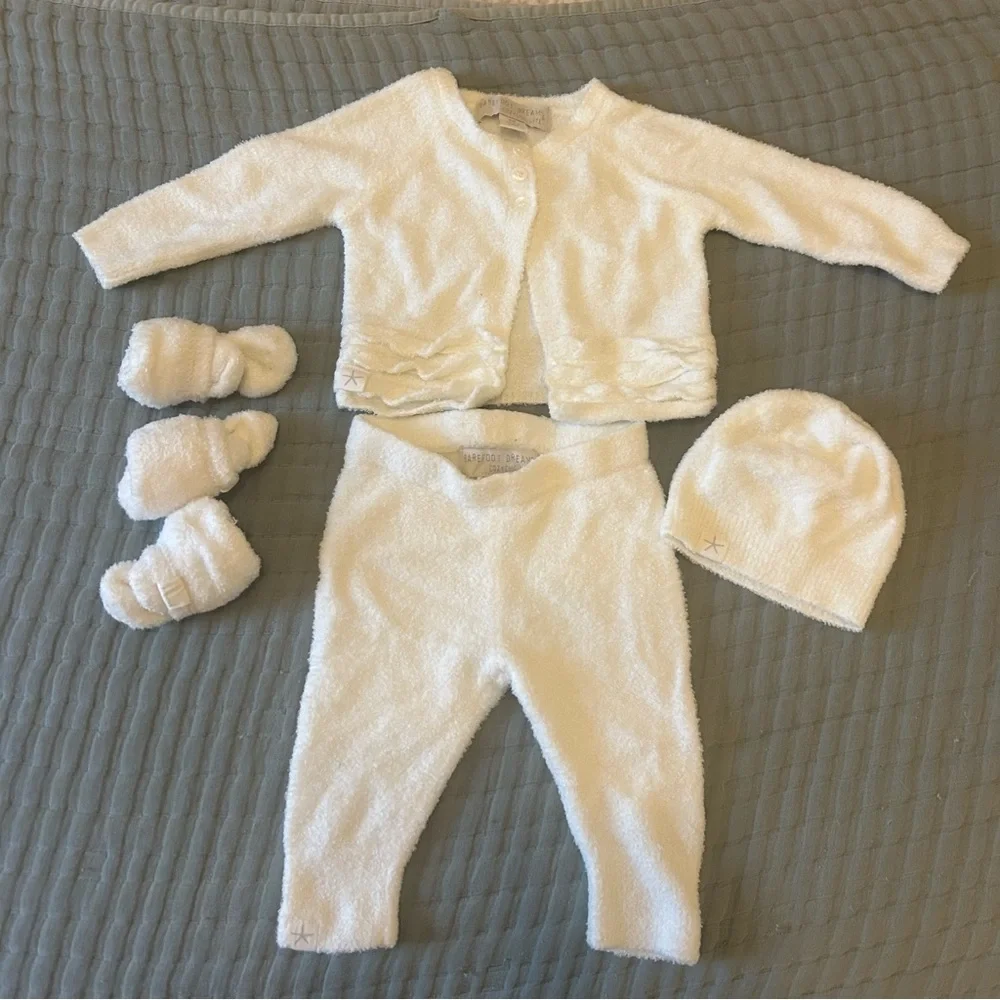 Barefoot Dreams Heirloom Cardigan Set Cozy White Baby Outfit Set socks and hat